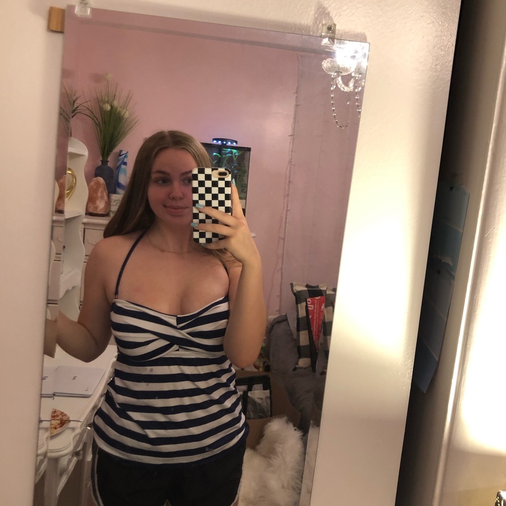 Navy blue and white striped tankini